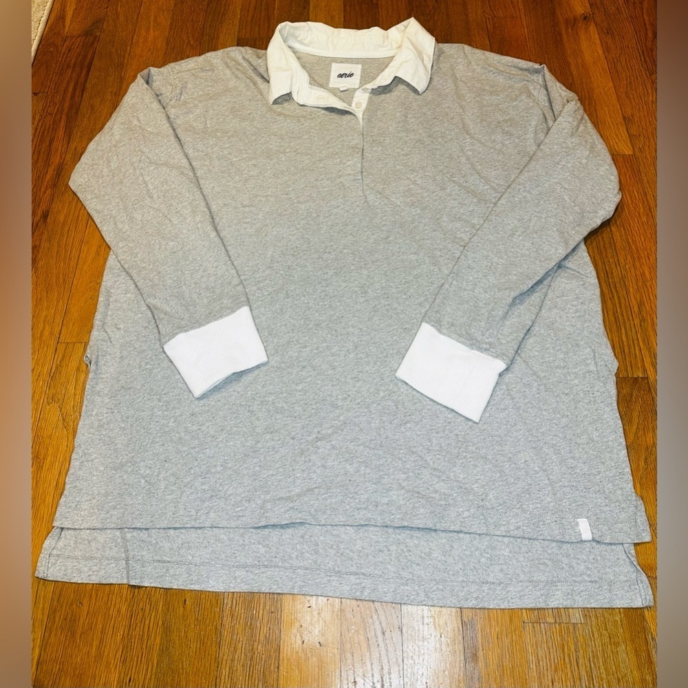 Aerie Gray Rugby Style Long Sleeve Collared Shirt Women’s M